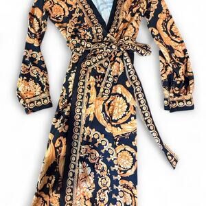 Orange Black and Gold Maxi Wrap Dress with Long Sleeves